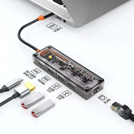 ALLY 5in1 Type-c To USB3.0 + USB2.0 + Type-c PD 100W + HDMI + Ethernet Çoğaltıcı Transparan Hub-(577