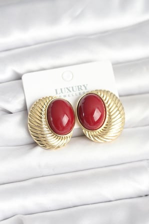 Pirinç Renk Bordo Boncuklu Oval Vintage Kadın Küpe 5886