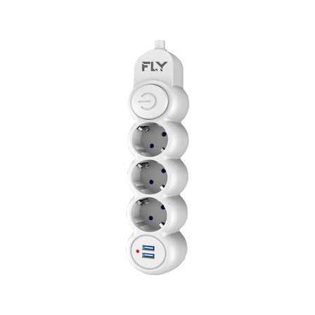 FLY 3393-01 3 Soket 2 USB Akım Korumalı Priz 2.1A Anahtarlı 2Mt Kablo (Beyaz)(1923)