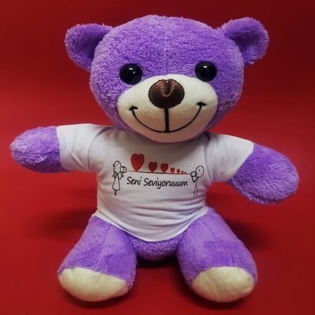 Sevimli Tişörtlü Peluş 25 cm Mor Renkli