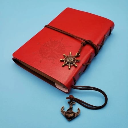 Kırmızı Deri Defter Pusula Tasarımı 18.5x12.5 cm