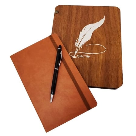 Şık Deri Defter ve Metal Kalem Seti Ahşap Kutu ile
