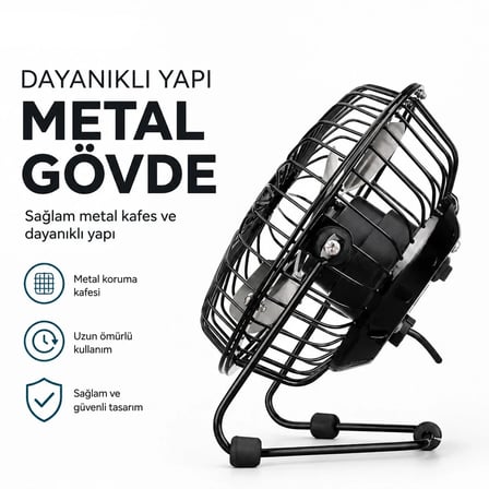 Metal Gövdeli USB Şarjlı Mini Masaüstü Fan Pratik ve Şık Tasarım