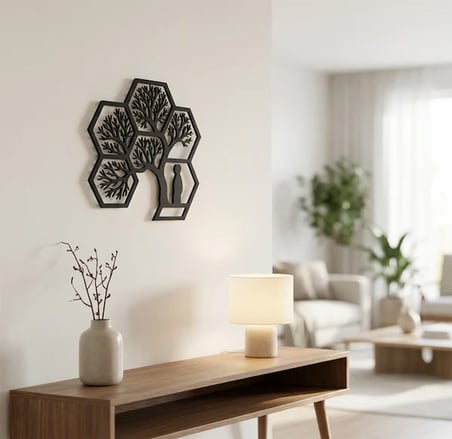 Hayat Ağacı Duvar Tablosu MDF Lazer Kesim Altıgen Geometrik Modern Duvar Süsü