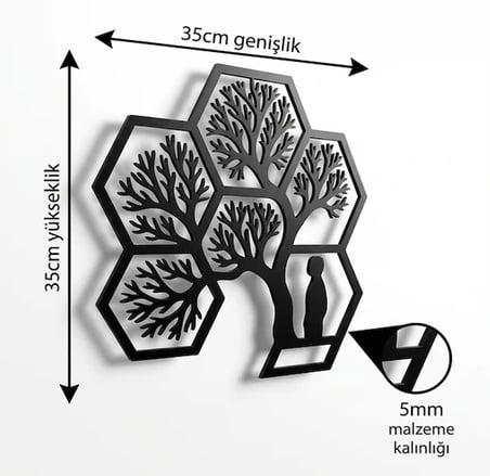 Hayat Ağacı Duvar Tablosu MDF Lazer Kesim Altıgen Geometrik Modern Duvar Süsü