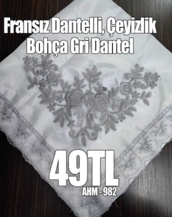 Fransız Dantelli Çeyizlik Bohça Gri Dantel