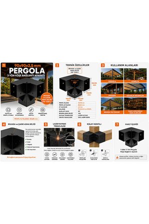 MAMZ DESİGN 90x90x2,5 mm Pergola 3 Yön Köşe Bağlantı Aparatı Profil İç ÖlçüLeri 85x85 mm