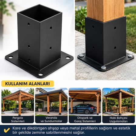 Pergola çardak, sundurma, garaj için zemin bağlantı braketi90x90x2,5 mm profil