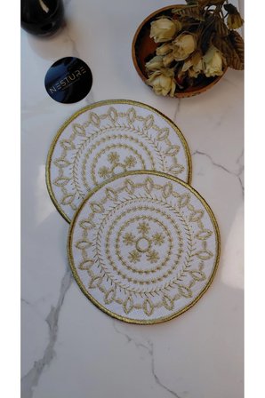 GOLD Nakış İşlemeli Linen Keten Kokteyl Sunum Peçetesi 2’li | Otantik Mandala Serisi Mira