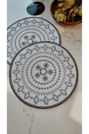 GÜMÜŞ Nakış İşlemeli Linen Keten Kokteyl Sunum Peçetesi 2’li | Otantik Mandala Serisi Mira