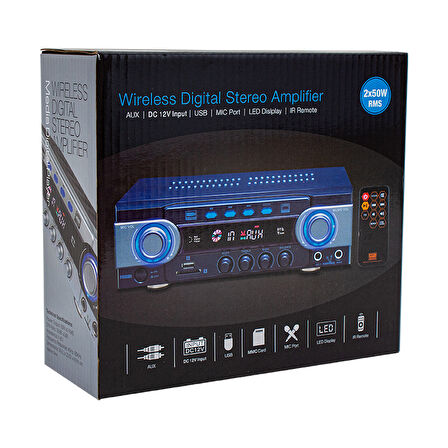 HD-510 2X50 WATT 220V/12V GİRİŞ USB-SD -BT-UK TRAFOSUZ 2 MİK GİRİŞLİ STEREO ANFİ