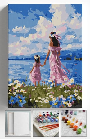 Sayılarla Boyama Seti Numaralı Tuval Fırça Boya Askı Aparatı Dahil Set 40x50 Cm - MANZARA ANNE KIZ