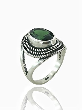 925 Ayar Gümüş Oval Zümrüt Otantik Üst Kalite Kadın Yüzük