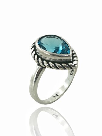 925 Ayar Damla Aquamarine Otantik Üst Kalite Gümüş Yüzük