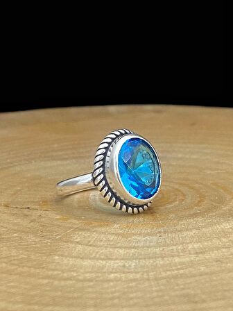 925 Ayar Oval Aquamarine Otantik Üst Kalite Gümüş Yüzük