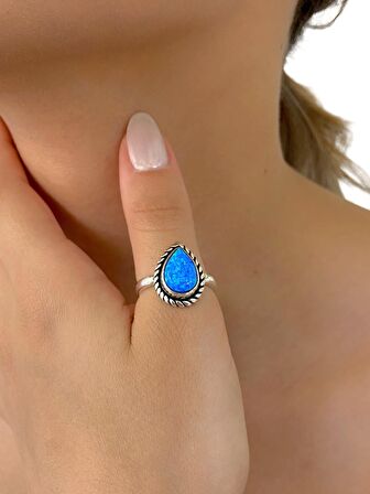 925 Ayar Gümüş El Üretim Otantik Doğal Damla Opal Taş Yüzük