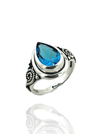 925 Ayar Gümüş Damla Mavi Topaz Otantik Yüzük