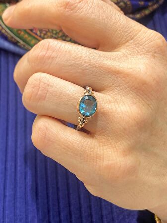 El Üretim Doğal Oval Akuamarin Otantik 925 Ayar Gümüş Yüzük