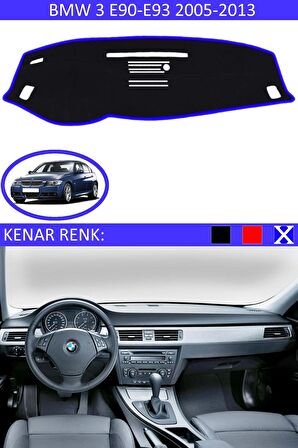 BMW 3 E90-E93 SERİSİ 2005-2013 MODEL İÇİN UYGUN TORPİDO KORUMA HALISI SİYAH RENK MAVİ KENAR