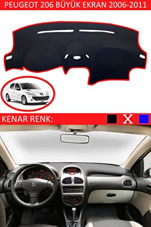 PEUGEOT 206 BÜYÜK EKRANLI 2006-2011 MODEL İÇİN TORPİDO KORUMA HALISI SİYAH RENK KIRMIZI KENAR