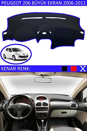 PEUGEOT 206 BÜYÜK EKRANLI 2006-2011 MODEL İÇİN TORPİDO KORUMA HALISI SİYAH RENK MAVİ KENAR