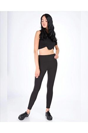 Kadın Siyah Geniş Bel Kemerli Çelik Örme Tayt