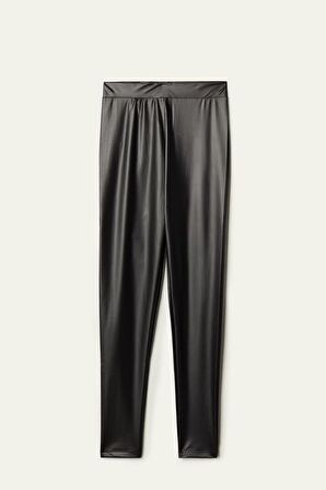 Kadın Yüksek Bel Toparlayıcı Ince Mat Deri Tayt - Siyah