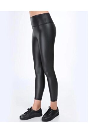 Kadın Siyah Mat Deri Tayt