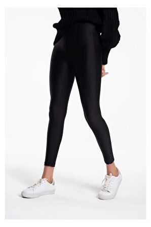 Kadın Siyah Toparlayıcı Parlak Disko Tayt