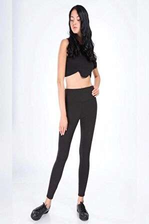 Kadın Siyah Geniş Kemerli Çelik Örme Tayt