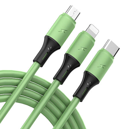 Native Audio 1.2 Metre 3 Uçlu (Micro USB, Type-C, Iphone) Yeşil Şarj Kablosu