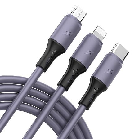 Native Audio 1.2 Metre 3 Uçlu (Micro USB, Type-C, Iphone) Mor Şarj Kablosu