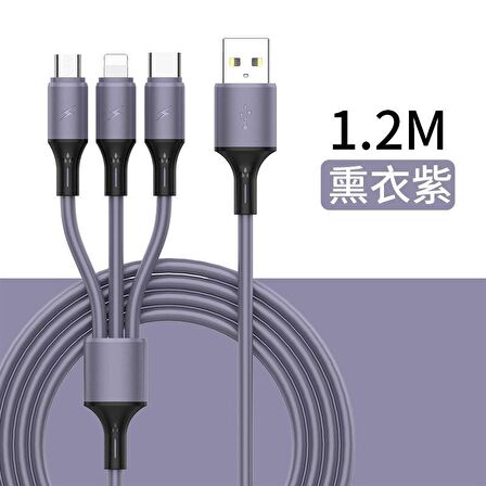 Native Audio 1.2 Metre 3 Uçlu (Micro USB, Type-C, Iphone) Mor Şarj Kablosu
