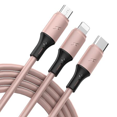 Native Audio 1.2 Metre 3 Uçlu (Micro USB, Type-C, Iphone) Pembe Şarj Kablosu