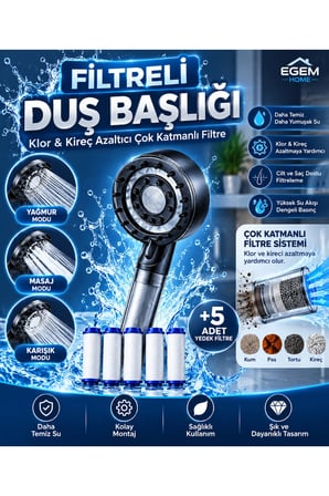 Vera Masajlı Filtreli Duş Başlığı 3 Modlu 5 Yedek Filtreli