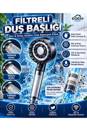 Vera Masajlı Filtreli Duş Başlığı 3 Modlu 5 Yedek Filtreli