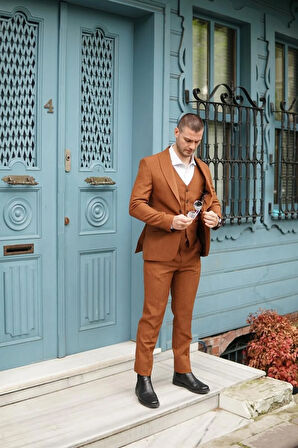 Slim Fit Kiremit Takım Elbise Kendinden Desenli