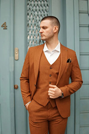 Slim Fit Kiremit Takım Elbise Kendinden Desenli