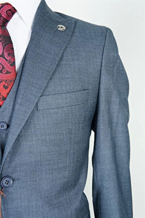 Slim Fit Lacivert Yelekli Takım Elbise Kendinden Desenli