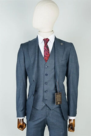 Slim Fit Lacivert Yelekli Takım Elbise Kendinden Desenli