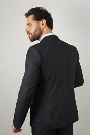 Slim Fit Siyah Yelekli Takım Elbise Çizgili Desenli