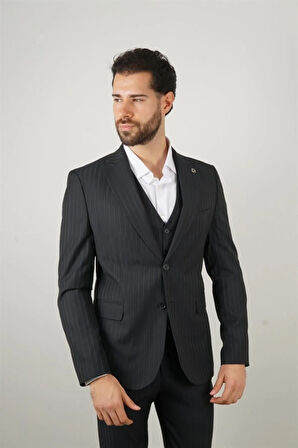 Slim Fit Siyah Yelekli Takım Elbise Çizgili Desenli