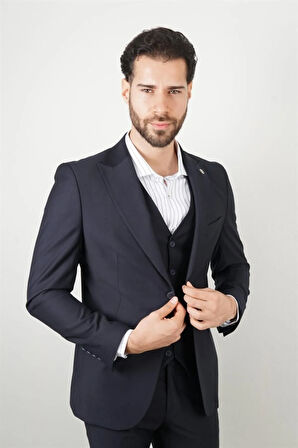 Slim Fit Lacivert Yelekli Takım Elbise Düz Desenli