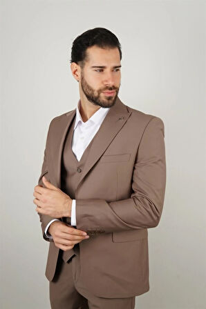 Slim Fit Kahverengi Takım Elbise Düz Desenli