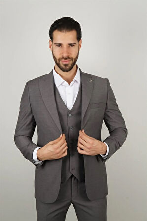 Slim Fit Gri Takım Elbise Kendinden Desenli