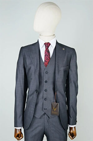 Slim Fit Gri Takım Elbise Kendinden Desenli