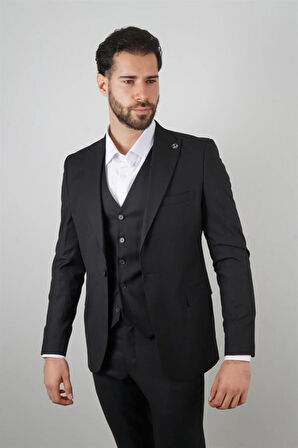 Slim Fit Siyah Takım Elbise Düz Desenli
