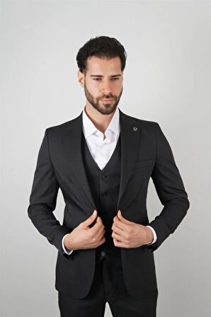 Slim Fit Siyah Takım Elbise Düz Desenli