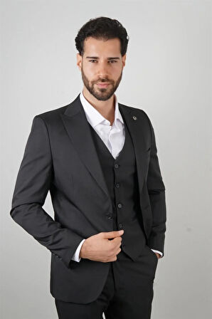 Slim Fit Siyah Takım Elbise Kendinden Desenli