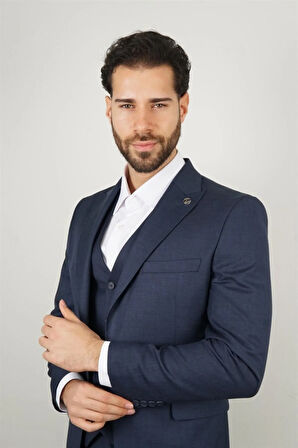 Slim Fit Lacivert Takım Elbise Kendinden Desenli